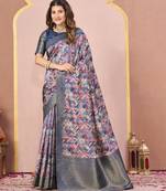 blue color tussar silk blend printed saree with woven 