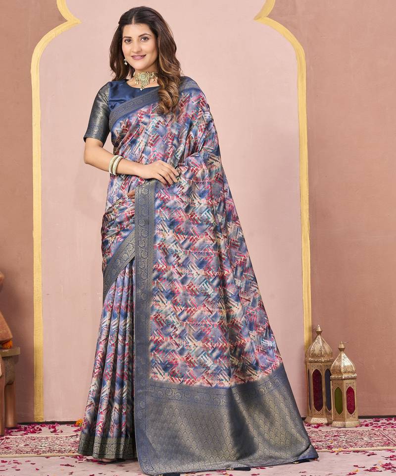 blue color tussar silk blend designer printed saree with woven designer