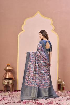blue tussar silk blend printed saree with woven  2