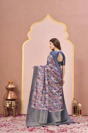 blue tussar silk blend printed saree with woven 