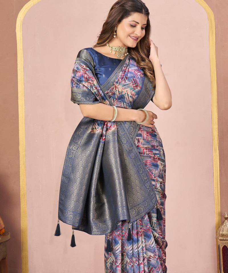 blue color tussar silk blend designer printed saree with woven designer