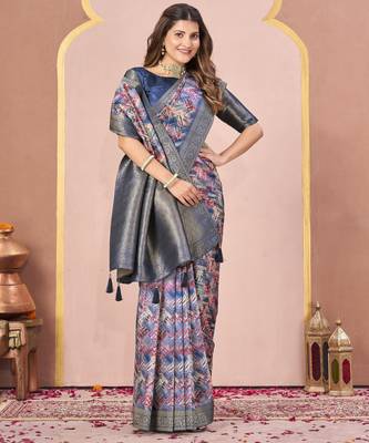 blue tussar silk blend printed saree with woven  4