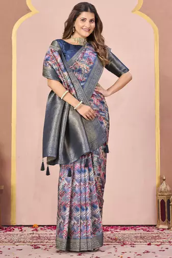 blue tussar silk blend printed saree with woven 