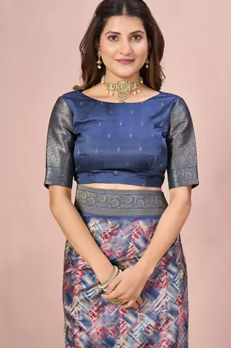 blue tussar silk blend printed saree with woven 