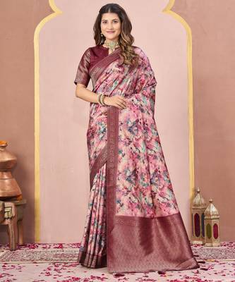 maroon tussar silk blend printed saree with woven  1