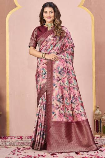 maroon color tussar silk blend designer printed saree with woven designer