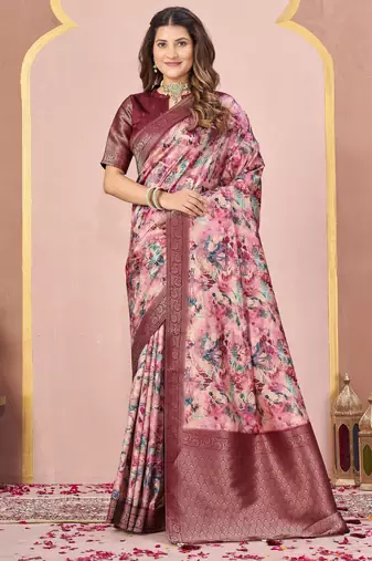 maroon color tussar silk blend designer printed saree with woven designer