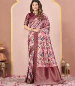 maroon color tussar silk blend printed saree with woven 