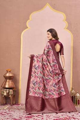 maroon tussar silk blend printed saree with woven  2