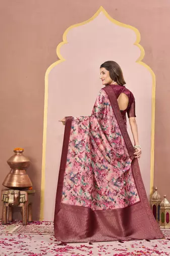 maroon tussar silk blend printed saree with woven 