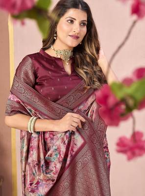 maroon tussar silk blend printed saree with woven  3