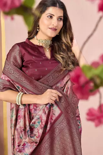 maroon tussar silk blend printed saree with woven 