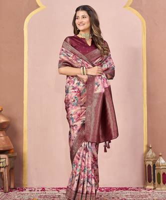 maroon tussar silk blend printed saree with woven  4
