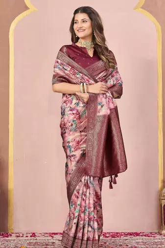 maroon tussar silk blend printed saree with woven 