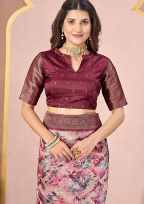 maroon tussar silk blend printed saree with woven  5