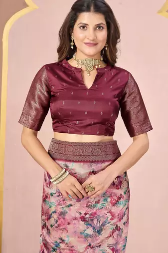 maroon tussar silk blend printed saree with woven 