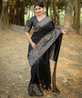 Black handloom raw silk blend ethnic partywear saree 1