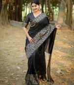 Black handloom raw silk embroidered ethnic partywear saree