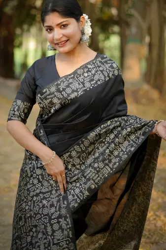 Black handloom raw silk blend ethnic partywear saree