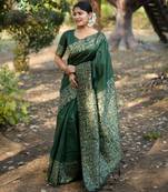 Green handloom raw silk embroidered ethnic partywear saree