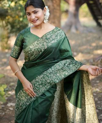 Green handloom raw silk blend ethnic partywear saree 3