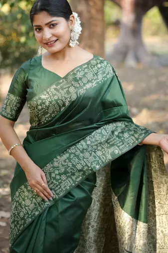 Green handloom raw silk blend ethnic partywear saree