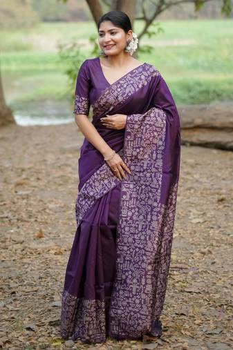 Purple color handloom raw silk fabric ethnic designer partywear saree
