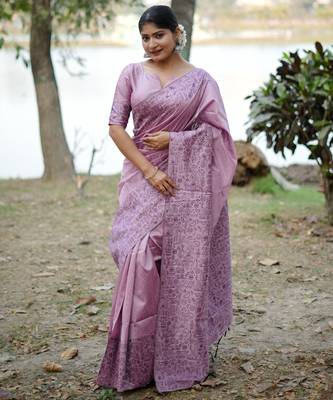 Lavender handloom raw silk blend ethnic partywear saree 1