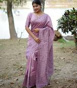 Lavender color handloom raw silk fabric ethnic partywear saree