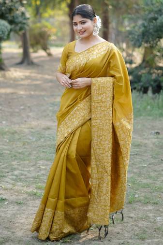 Mustard color handloom raw silk fabric ethnic designer partywear saree