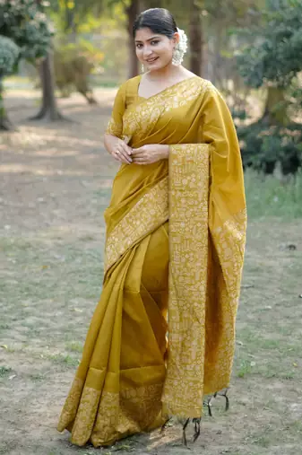 Mustard color handloom raw silk fabric ethnic designer partywear saree