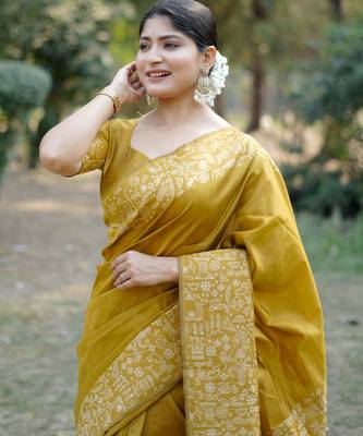 Mustard handloom raw silk blend ethnic partywear saree 2
