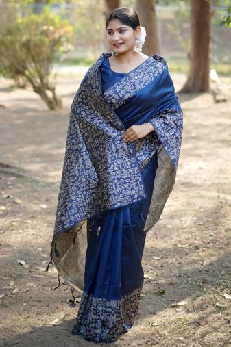 Blue color handloom raw silk fabric ethnic designer partywear saree