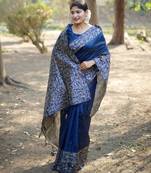Blue color handloom raw silk fabric ethnic partywear saree