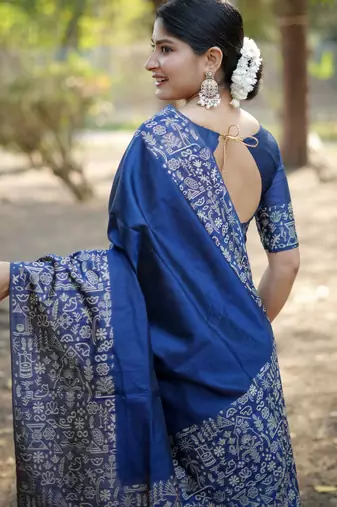 Blue handloom raw silk blend ethnic partywear saree