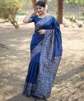 Blue handloom raw silk blend ethnic partywear saree 3