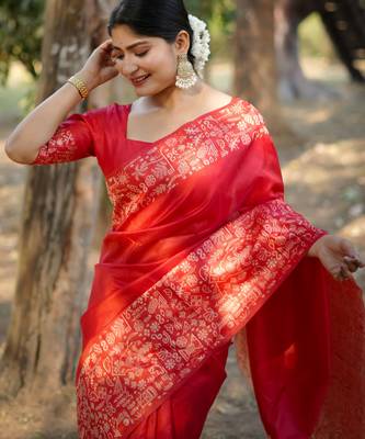 Red handloom raw silk blend ethnic partywear saree 3