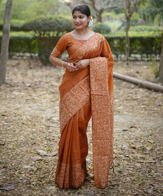 Orange handloom raw silk blend ethnic partywear saree 1
