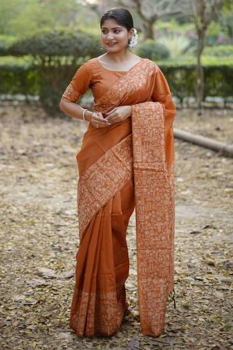 Orange color handloom raw silk fabric ethnic designer partywear saree