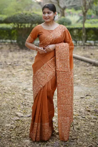 Orange color handloom raw silk fabric ethnic designer partywear saree
