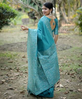 Sea green handloom raw silk blend ethnic partywear saree 2