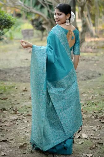 Sea green handloom raw silk blend ethnic partywear saree