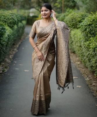 Brown handloom raw silk blend ethnic partywear saree 1