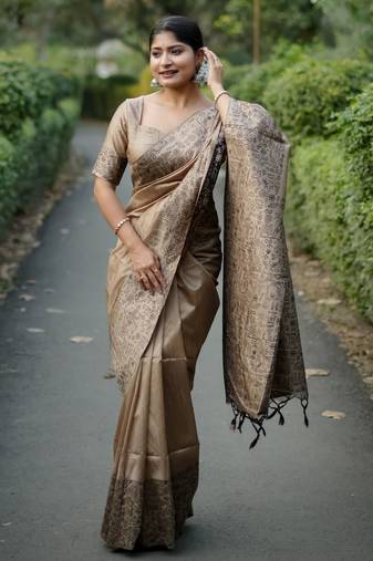 Brown color handloom raw silk fabric ethnic designer partywear saree