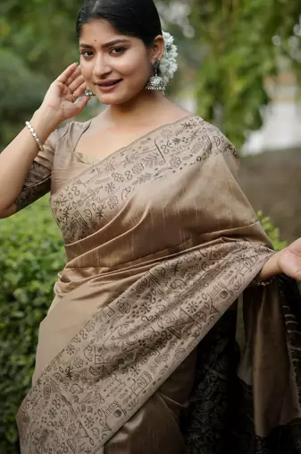 Brown handloom raw silk blend ethnic partywear saree