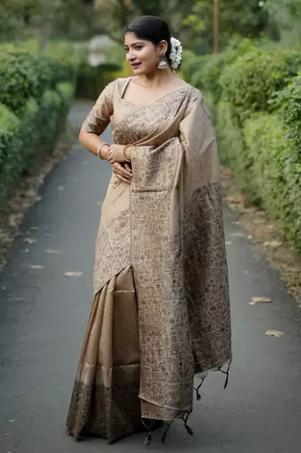 Brown handloom raw silk blend ethnic partywear saree