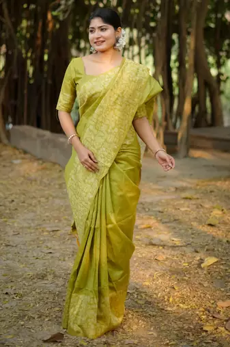 Parrat green color handloom raw silk fabric ethnic designer partywear saree