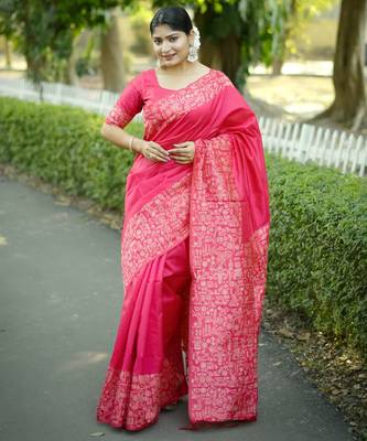 Pink handloom raw silk blend ethnic partywear saree 1