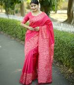 Pink color handloom raw silk fabric ethnic partywear saree