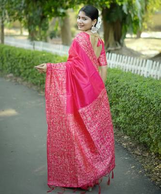 Pink handloom raw silk blend ethnic partywear saree 2
